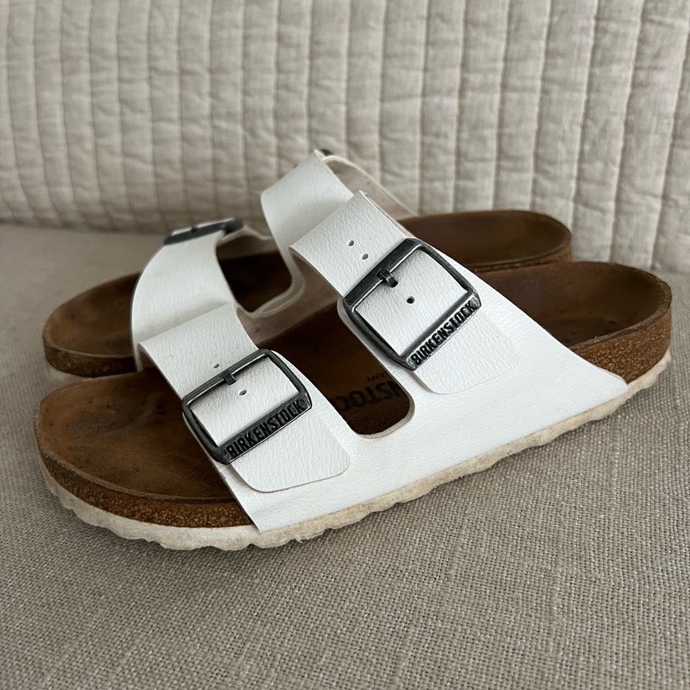 Birkenstocks Arizona Slide Sandals White Silver Buckle 38 - Picture 6 of 8